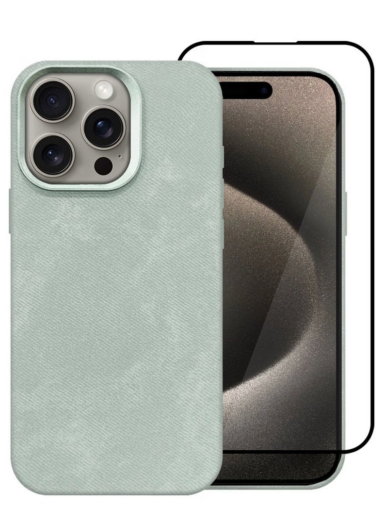CATANES 2Packs iPhone 15 Pro Max Alcantara Case Cover Premium Quality Luxurious Soft Touch Protection with Metal Camera Frame with a 3D Screen Protector - Natural Titanium  - Image 2