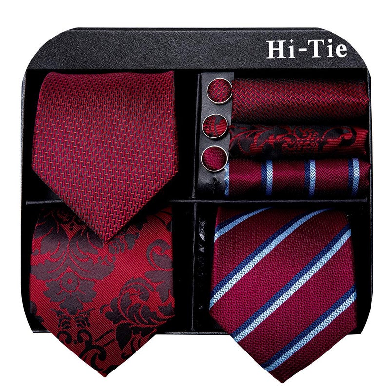 Hi-Tie 3 Pcs Gift Box Mens Tie Set Necktie with Pocket Square Cufflinks Lapel Pin Silk Neck Tie Collection,Red - Image 1