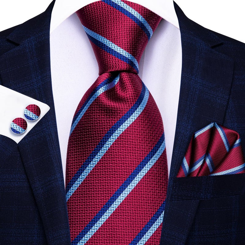 Hi-Tie 3 Pcs Gift Box Mens Tie Set Necktie with Pocket Square Cufflinks Lapel Pin Silk Neck Tie Collection,Red - Image 4