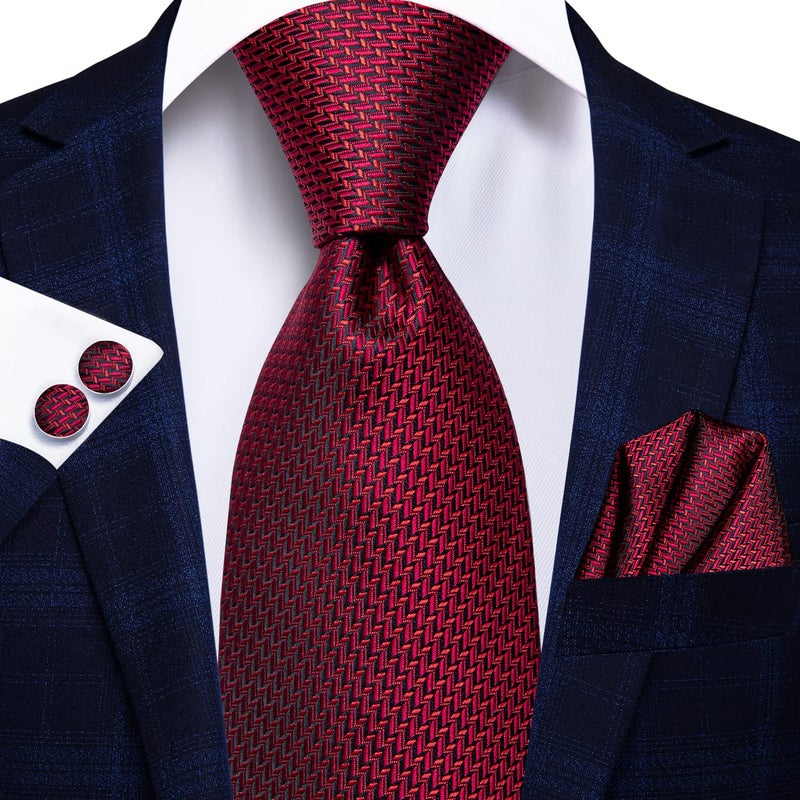 Hi-Tie 3 Pcs Gift Box Mens Tie Set Necktie with Pocket Square Cufflinks Lapel Pin Silk Neck Tie Collection,Red - Image 5