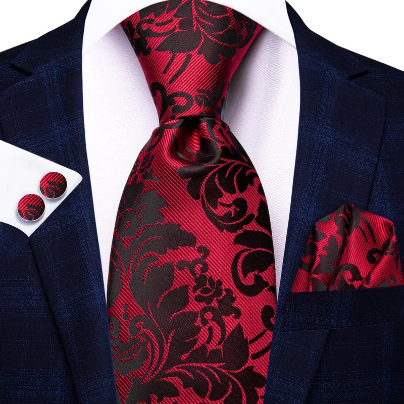 Hi-Tie 3 Pcs Gift Box Mens Tie Set Necktie with Pocket Square Cufflinks Lapel Pin Silk Neck Tie Collection,Red - Image 3