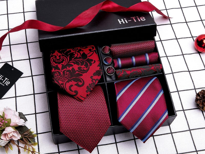 Hi-Tie 3 Pcs Gift Box Mens Tie Set Necktie with Pocket Square Cufflinks Lapel Pin Silk Neck Tie Collection,Red - Image 2