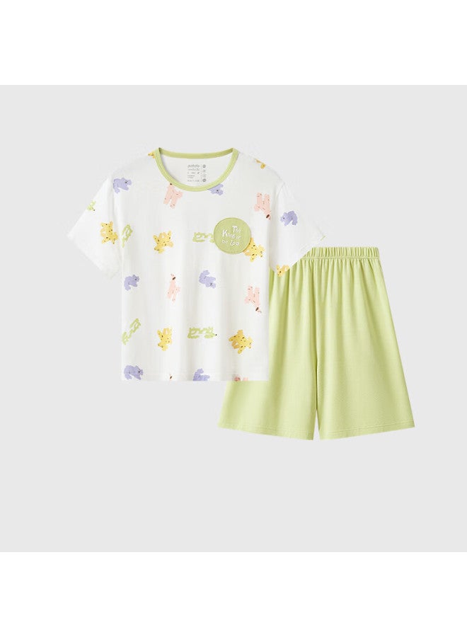 Potatokids Modal Children's Home Wear Summer Thin Boys And Girls Short Sleeve Shorts Pajamas Reeds Green 150 - Image 5