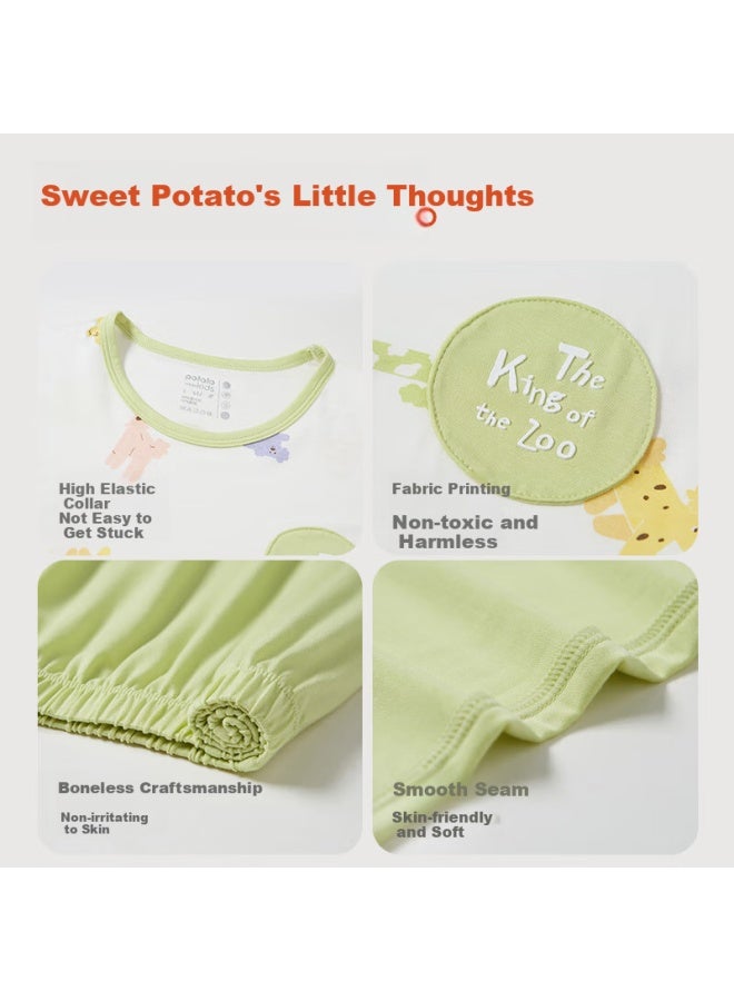 Potatokids Modal Children's Home Wear Summer Thin Boys And Girls Short Sleeve Shorts Pajamas Reeds Green 150 - Image 3