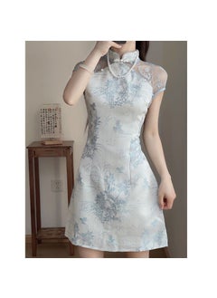 Generic Elegant Slimming Chinese Dress Stand Collar Lace Splicing Womens Summer New Waist-fitted Short Skirt New Style Chinese Fashion blue short 