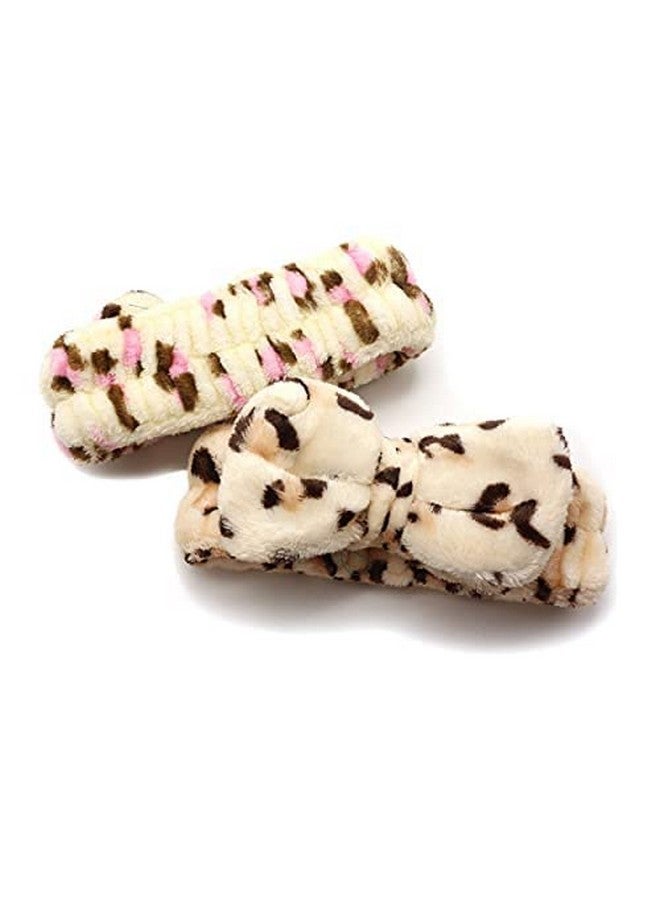Dofash 2Pcs Cute Bowknot Makeup Headbands Washing Face Shower Hairbands Spa Headbands For Woman (Leopard Grain Black And Pink) - Image 3