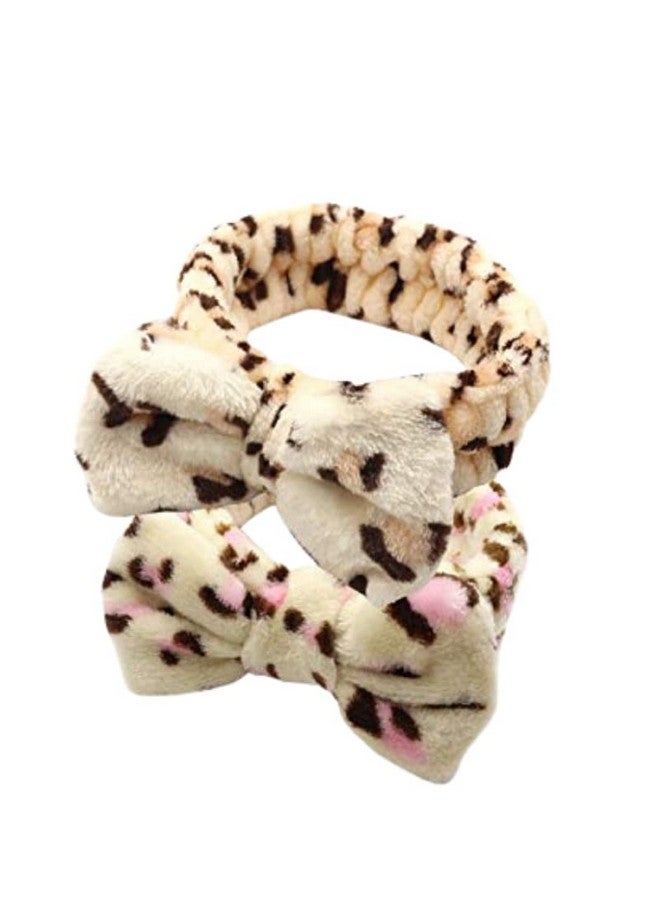 Dofash 2Pcs Cute Bowknot Makeup Headbands Washing Face Shower Hairbands Spa Headbands For Woman (Leopard Grain Black And Pink) - Image 2