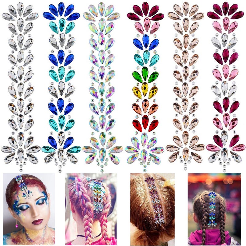 Hair Gems Tattoo Stickers Face Body Jewels Stickers Eyes Forehead Mermaid Rhinestone Glitter Tattoos with Self Adhesive Crystal Tears Paste for DIY Body Art Decals Music Festival Party6 Pack