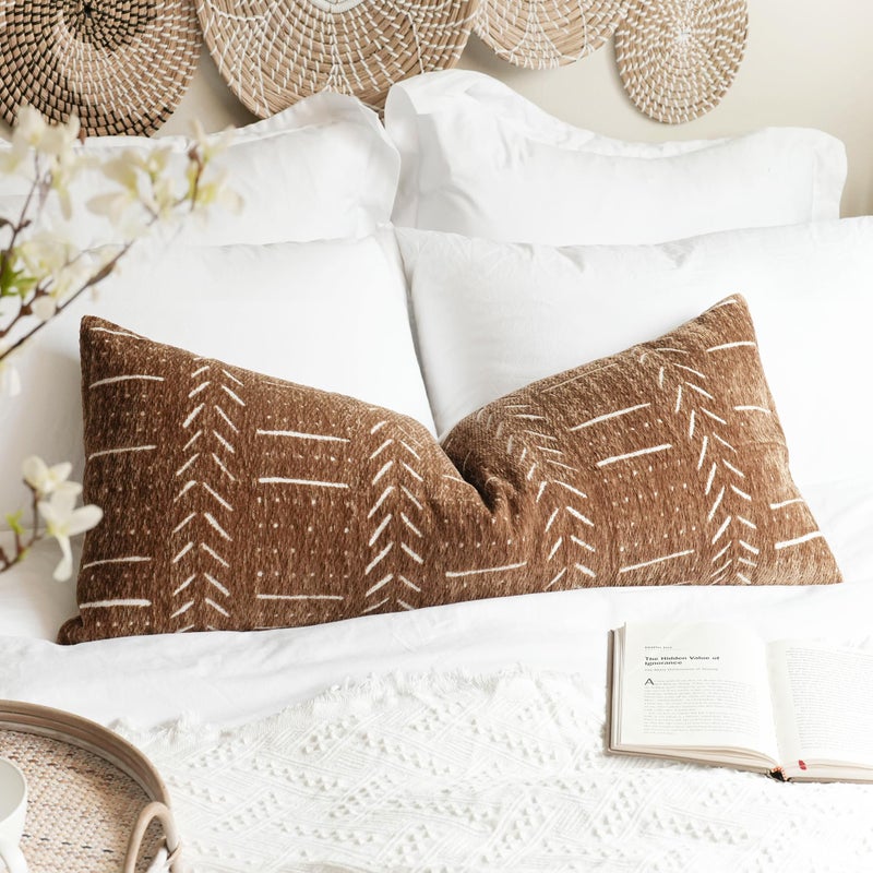 BlissBlush Boho Lumbar Throw Pillow Cover 14X36, Brown Decorative Long Accent Body Lumbar Pillow for Bed, Farmhouse Woven Textured Lumbar Pillowcase for Couch (Cover ONLY) - Image 1
