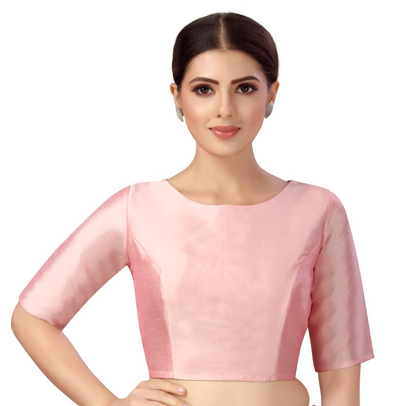 Studio Shringaar Women's Polyester Elbow Length Sleeves Plain Coloured Saree Blouse(Light Pink, 36) - Image 1