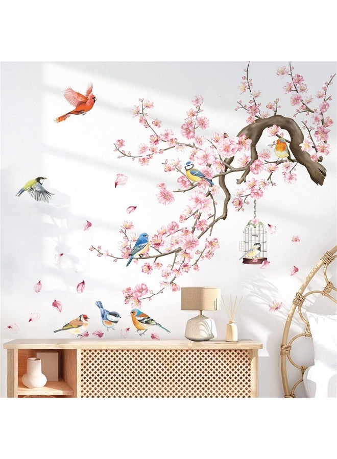 wondever Cherry Blossom Flowers Wall Stickers Pink Floral Tree Branch Birds Peel And Stick Wall Art Decals For Living Room Bedroom Tv Wall - Image 1