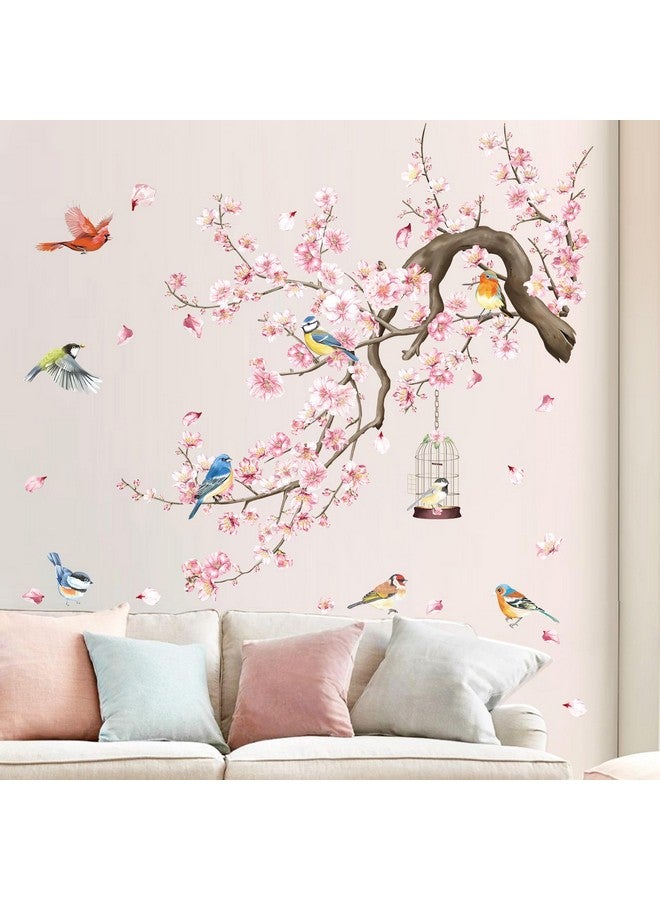 wondever Cherry Blossom Flowers Wall Stickers Pink Floral Tree Branch Birds Peel And Stick Wall Art Decals For Living Room Bedroom Tv Wall - Image 3