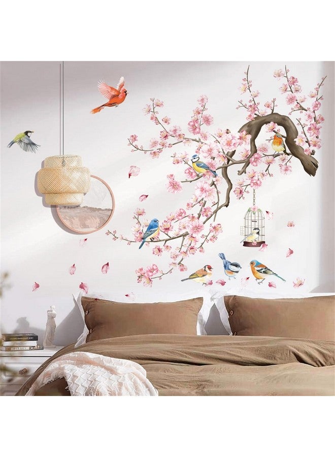 wondever Cherry Blossom Flowers Wall Stickers Pink Floral Tree Branch Birds Peel And Stick Wall Art Decals For Living Room Bedroom Tv Wall - Image 2