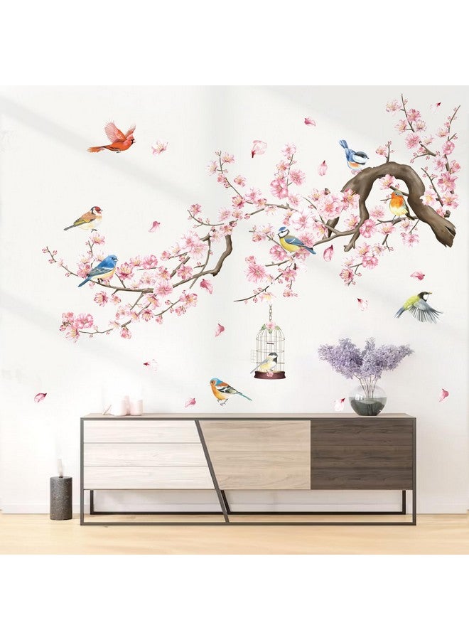 wondever Cherry Blossom Flowers Wall Stickers Pink Floral Tree Branch Birds Peel And Stick Wall Art Decals For Living Room Bedroom Tv Wall - Image 4