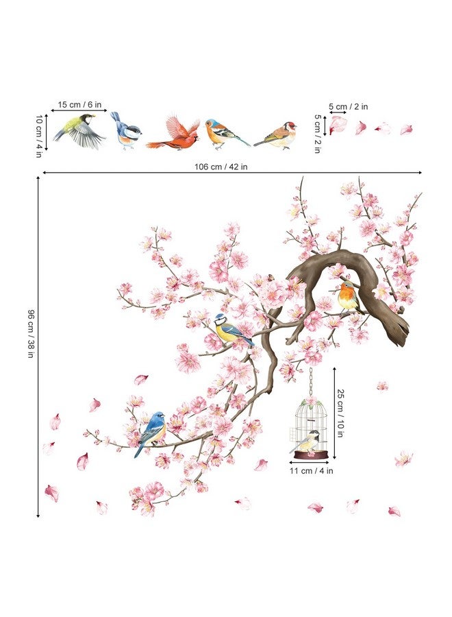 wondever Cherry Blossom Flowers Wall Stickers Pink Floral Tree Branch Birds Peel And Stick Wall Art Decals For Living Room Bedroom Tv Wall - Image 5