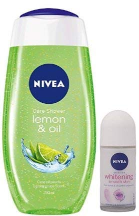 Nivea Bath Care Lemon and Oil Shower Gel, 250ml with Nivea Whitening Smooth Skin Roll On, 50ml