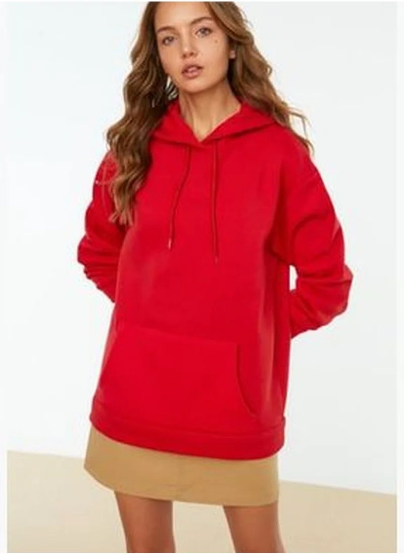 trendyol Red Kangaroo Boyfriend Hoodie with Pocket, Fleece Inner Knitted Sweatshirt TWOAW20SW0525