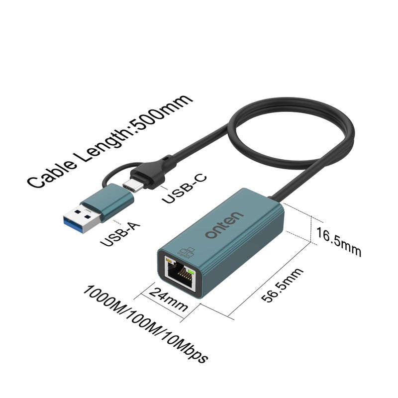 For ONTEN UE106+ Ethernet Adapter USB-A & USB-C RJ45 1000M - Image 4