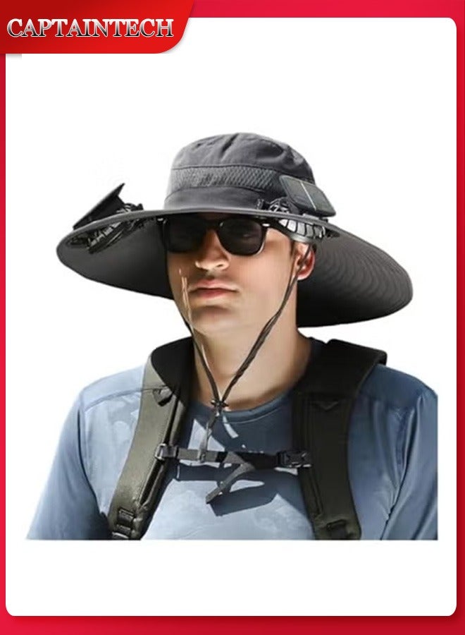 Captaintech Solar Powered Fan Hat with 2 Removable Fans Wide Brim Sun Hat for Outdoor Fishing, Hiking Gardening, USB Solar Charging - Image 1