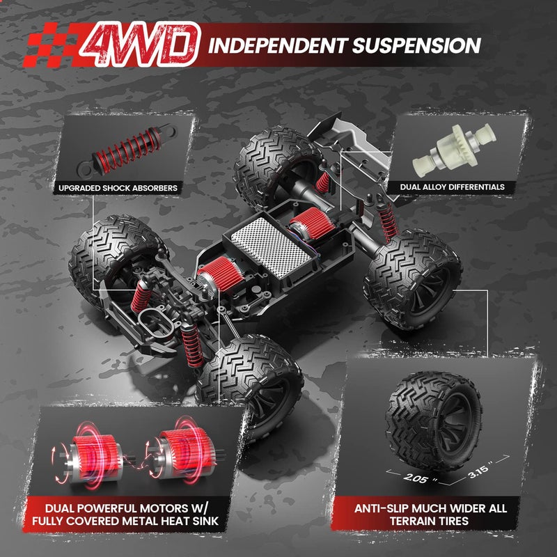 DEERC 9500E 116 Scale All Terrain RC Car 4x4 High Speed 40 KPH RC Truck 24Ghz Remote Control Truck with 2 Batteries OffRoad Monster Truck for Adults Kids - Image 3