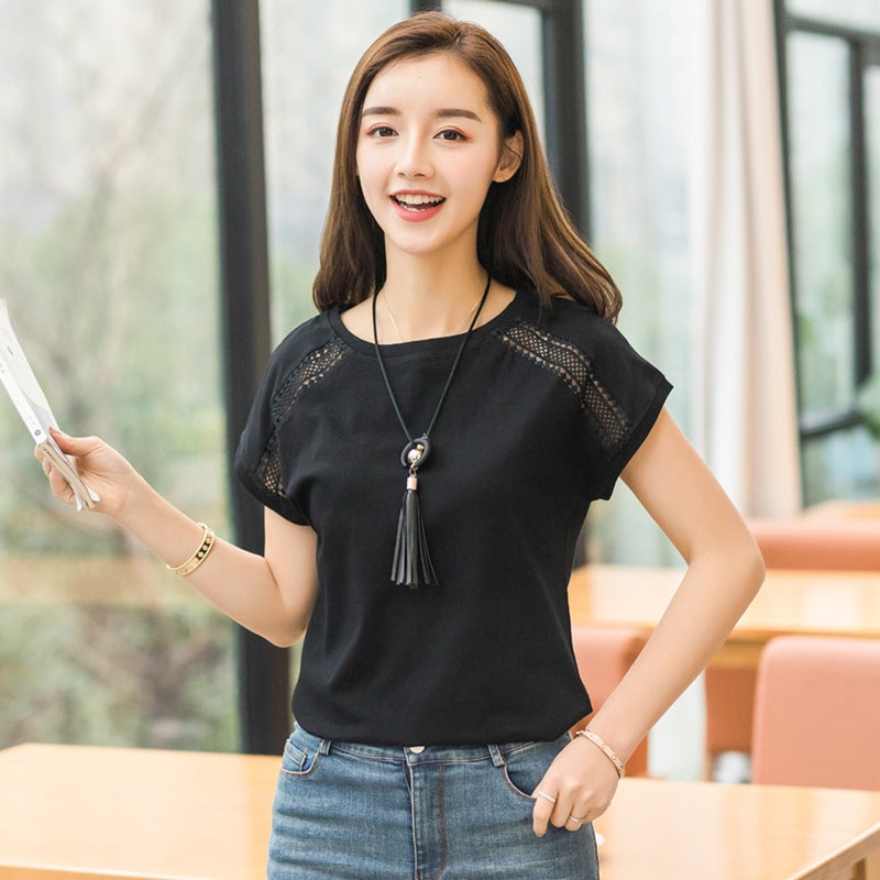 Real Shot Plus Size Women's Clothing 2023 Summer Fashion Cut Out Lace Round Neck Bat Sleeve Short-Sleeved T-Shirt for Women - Image 3