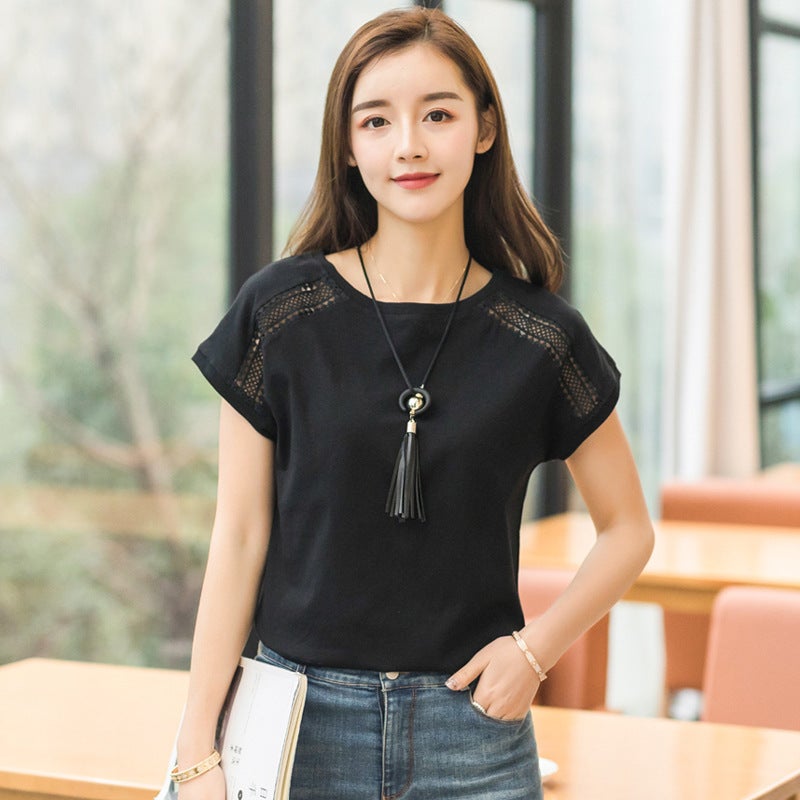 Real Shot Plus Size Women's Clothing 2023 Summer Fashion Cut Out Lace Round Neck Bat Sleeve Short-Sleeved T-Shirt for Women - Image 4