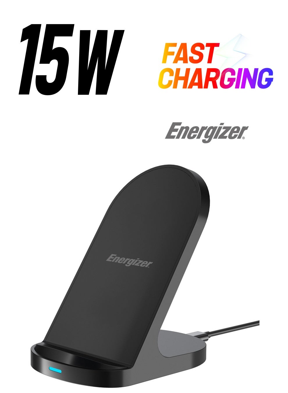 Energizer Wireless Charging Stand, 15W for Qi Compatible Devices, Fast Charging, Dual Coil, Tray feature,Vertical and Horizontal Charging, Safe Black