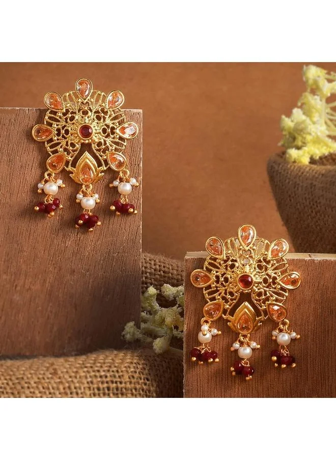 فويلا Abharan Pink and Red Stones Floral Stud Earrings