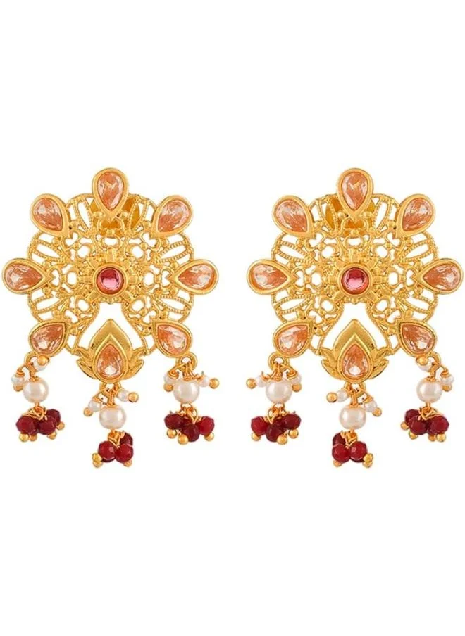 VOYLLA Abharan Pink and Red Stones Floral Stud Earrings