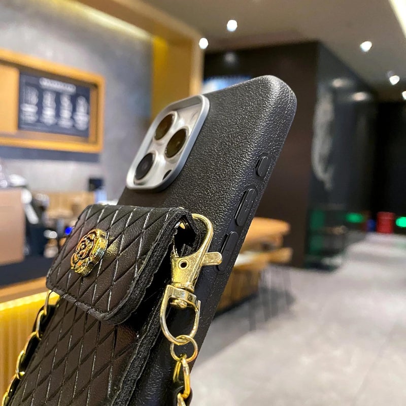 SPARKUP Crossbody Wallet Case for iPhone - Black Textured with Gold Chain, Card Holder, Strap Button Closure, Flip Kickstand, Shockproof Silicon Protective Cover (Black) (iPhone 15 Pro) - Image 3