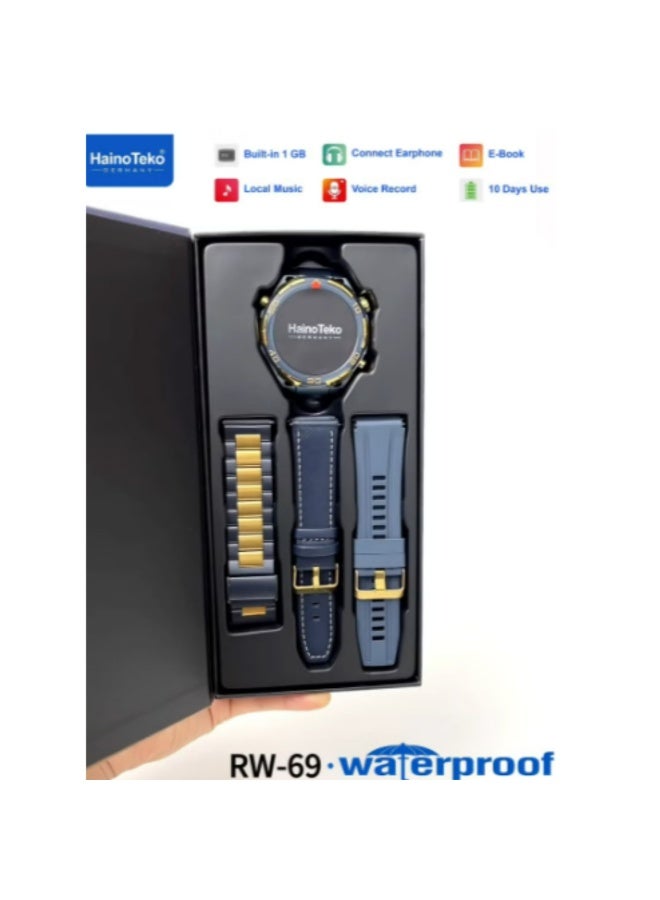 Haino Teko RW-69 Waterproof Smartwatch with 1GB Built-in Storage 10-Day Battery AMOLED Display and 3 Pair Straps Designed for Men-Blue - Image 5
