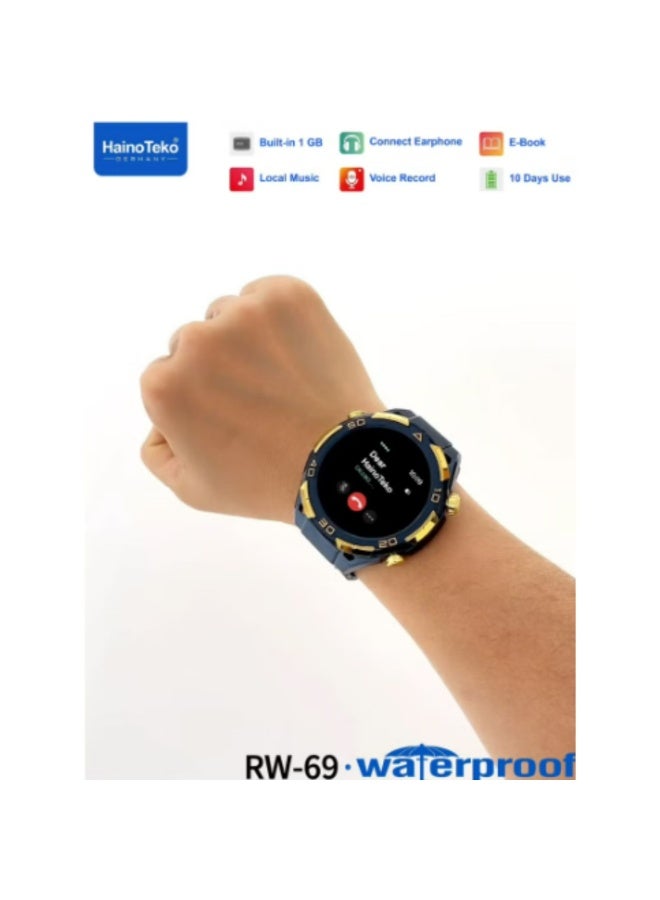 Haino Teko RW-69 Waterproof Smartwatch with 1GB Built-in Storage 10-Day Battery AMOLED Display and 3 Pair Straps Designed for Men-Blue - Image 4