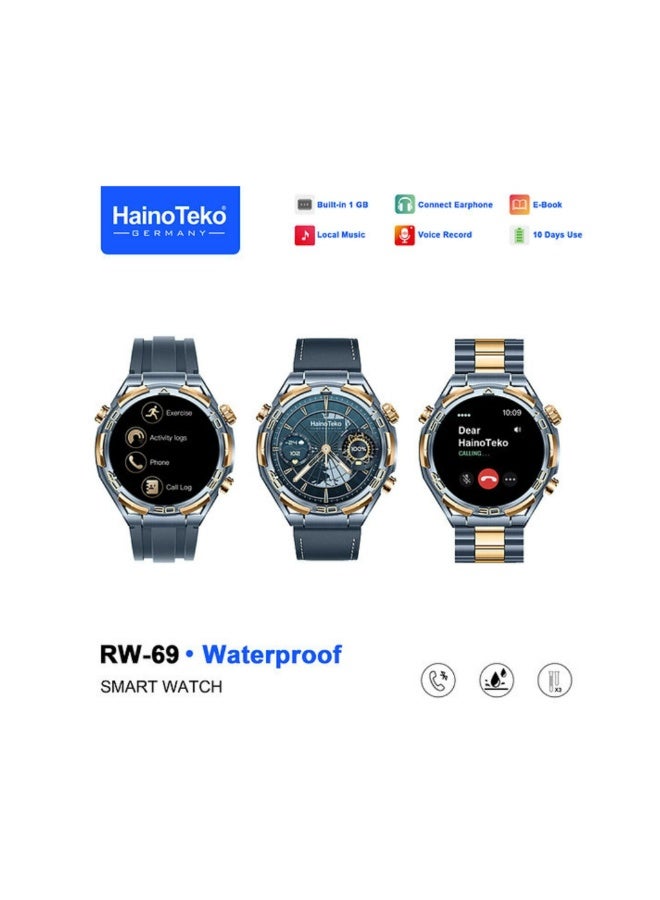 Haino Teko RW-69 Waterproof Smartwatch with 1GB Built-in Storage 10-Day Battery AMOLED Display and 3 Pair Straps Designed for Men-Blue - Image 2