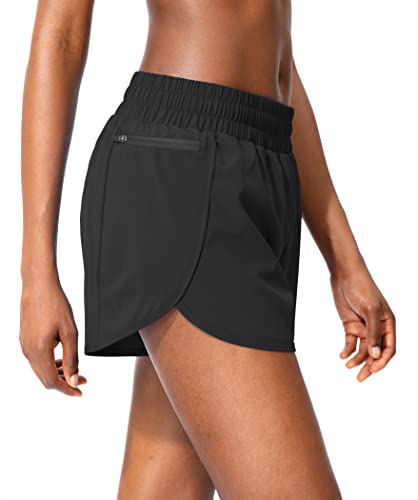 Soothfeel Womens Running Shorts with Zipper Pockets High Waisted Athletic Gym Workout Shorts for Women with Liner Black - Image 3