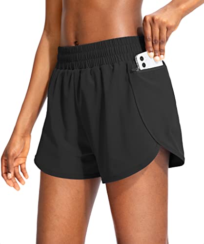 Soothfeel Womens Running Shorts with Zipper Pockets High Waisted Athletic Gym Workout Shorts for Women with Liner Black - Image 1