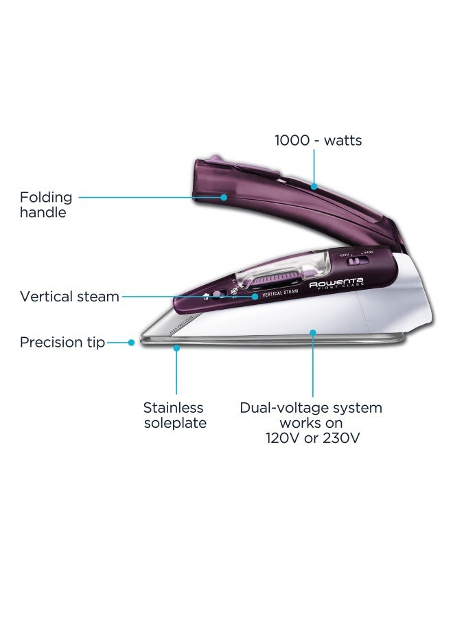 Rowenta Travel Iron Pro Compact Stainless Steel Soleplate Steam Iron For Clothes 200 Microsteam Holes 1000 Watts Ironing Fabric Steamer Dual Voltage Purple Mini Iron Da1560 - Image 2