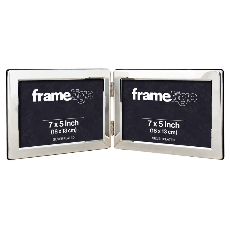 Frametigo  Silver Plated Flat Edge Double Landscape Photo Frame 7x5 18x13cm Photo Size  Velvet Frame Backing  Stand  Real Glass Window  Traditional Silver Picture Frames  Tarnish Resistant