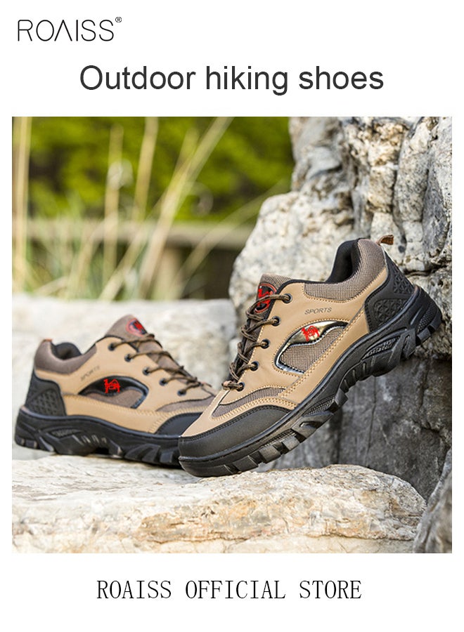 roaiss Plus Size Men's Shoes Lace-Up Round Toe Four Seasons Outdoor Hiking Shoes Waterproof Non-slip Running Sports Shoes Casual Breathable Men's Shoes Durable Work Safety Shoes Brown Low Top Sneaker - Image 4