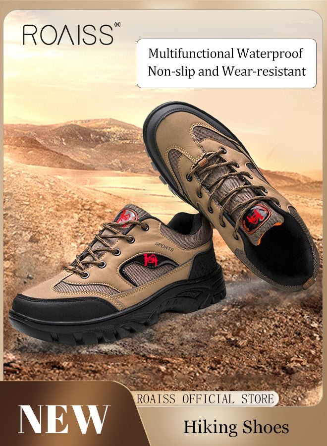 roaiss Plus Size Men's Shoes Lace-Up Round Toe Four Seasons Outdoor Hiking Shoes Waterproof Non-slip Running Sports Shoes Casual Breathable Men's Shoes Durable Work Safety Shoes Brown Low Top Sneaker - Image 1