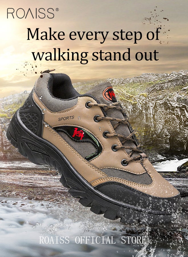 roaiss Plus Size Men's Shoes Lace-Up Round Toe Four Seasons Outdoor Hiking Shoes Waterproof Non-slip Running Sports Shoes Casual Breathable Men's Shoes Durable Work Safety Shoes Brown Low Top Sneaker - Image 5