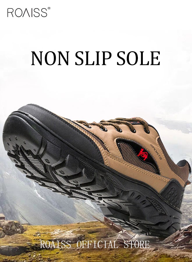 roaiss Plus Size Men's Shoes Lace-Up Round Toe Four Seasons Outdoor Hiking Shoes Waterproof Non-slip Running Sports Shoes Casual Breathable Men's Shoes Durable Work Safety Shoes Brown Low Top Sneaker - Image 3