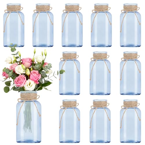 LEYIQU Vintage Glass Flower Vase, Farmhouse Glass Centerpiece Vases Mason Jars for Weddings, Parties & Home Decor Bulk (12, Blue) - Image 1