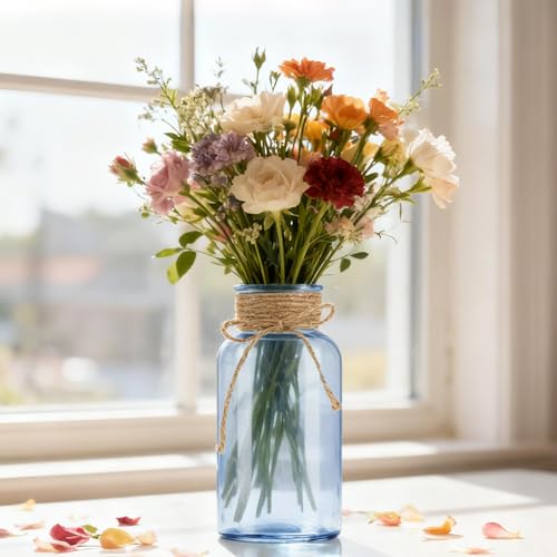 LEYIQU Vintage Glass Flower Vase, Farmhouse Glass Centerpiece Vases Mason Jars for Weddings, Parties & Home Decor Bulk (12, Blue) - Image 3