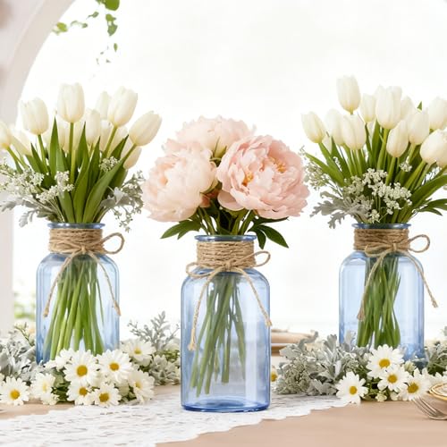 LEYIQU Vintage Glass Flower Vase, Farmhouse Glass Centerpiece Vases Mason Jars for Weddings, Parties & Home Decor Bulk (12, Blue) - Image 5