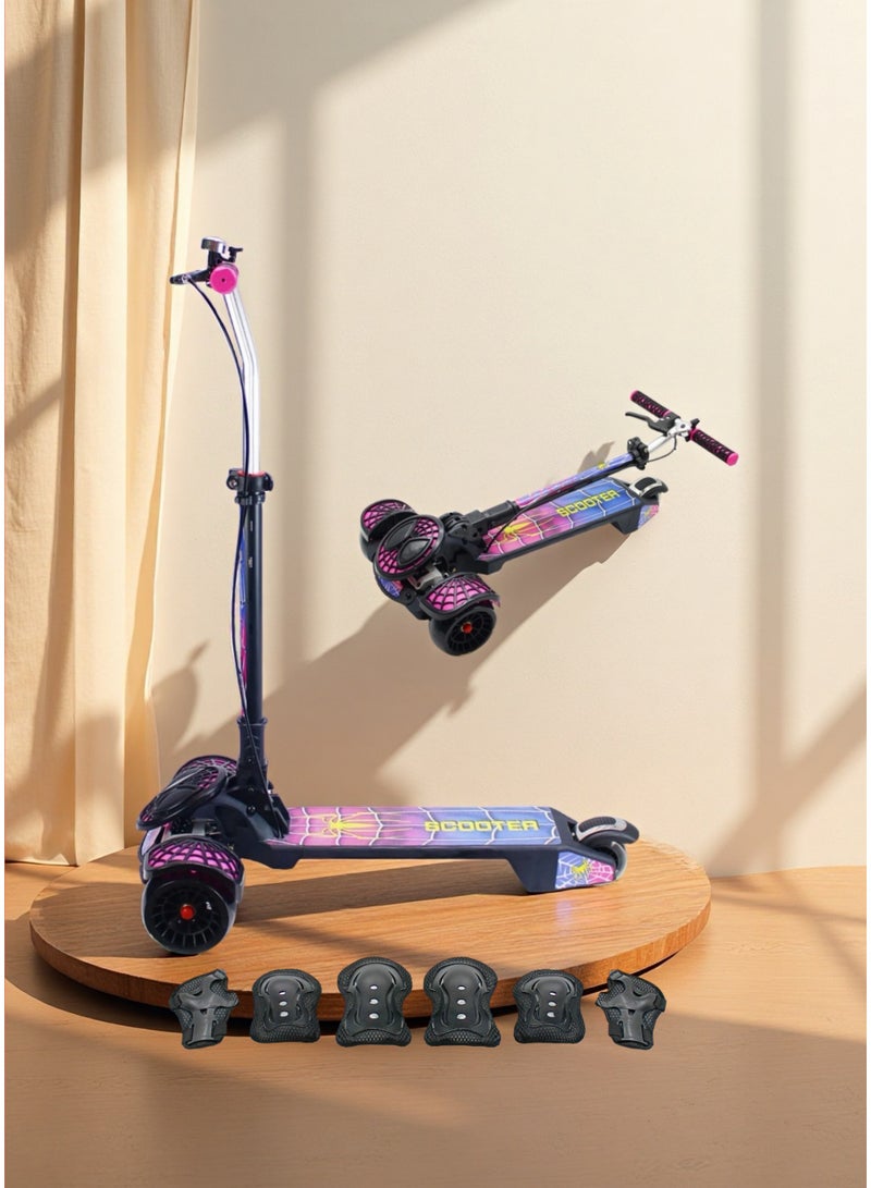 إيزي فيتشور سكوتر EASY FUTURE القابل للطي للأطفال بمقبض قابل لضبط الارتفاع، وعجلات LED من البولي يوريثان، وفرامل خلفية، وفرامل مقبض وموسيقى - مثالي للأعمار من 3 إلى 8 سنوات بما في ذلك مجموعة معدات الحماية - Image 1