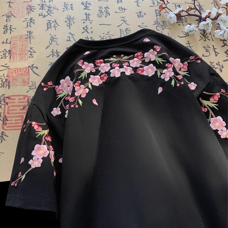 New Chinese Style Embroidered Plum Flower Short-Sleeved T-Shirt For Men And Women High-End Sense Trendy Brand Pure Cotton Heavy Half-Sleeved T-Shirt - Image 1