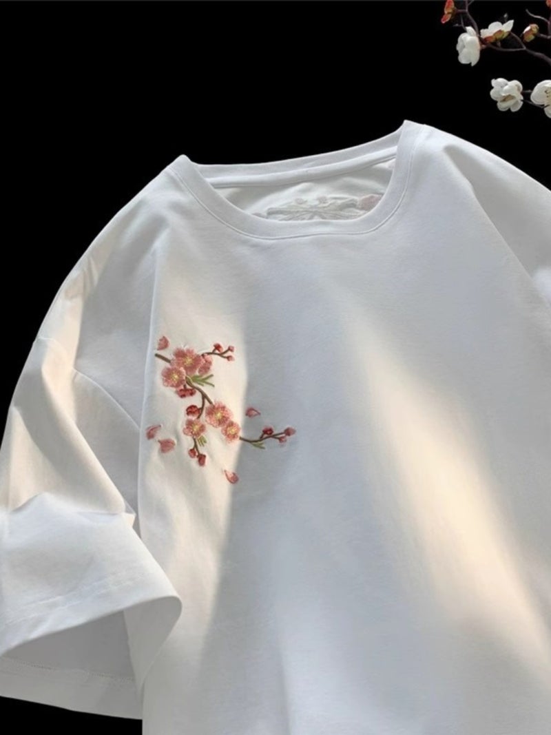 New Chinese Style Embroidered Plum Flower Short-Sleeved T-Shirt For Men And Women High-End Sense Trendy Brand Pure Cotton Heavy Half-Sleeved T-Shirt - Image 5
