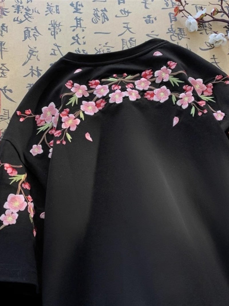New Chinese Style Embroidered Plum Flower Short-Sleeved T-Shirt For Men And Women High-End Sense Trendy Brand Pure Cotton Heavy Half-Sleeved T-Shirt - Image 4