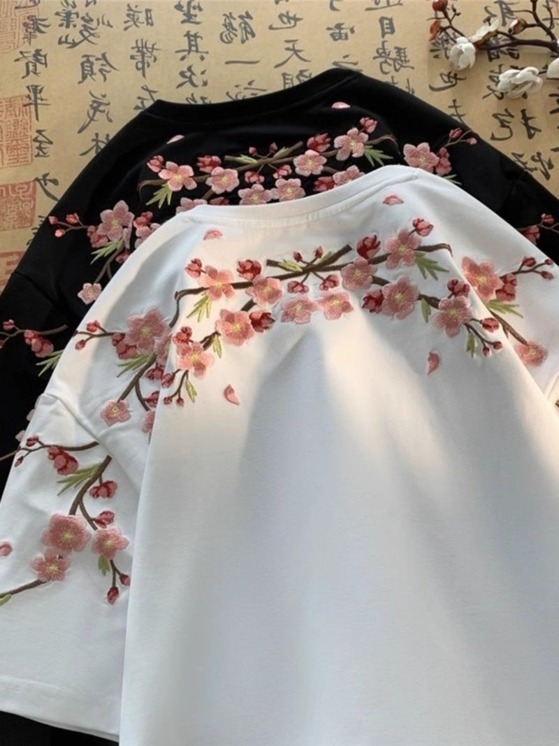 New Chinese Style Embroidered Plum Flower Short-Sleeved T-Shirt For Men And Women High-End Sense Trendy Brand Pure Cotton Heavy Half-Sleeved T-Shirt - Image 2