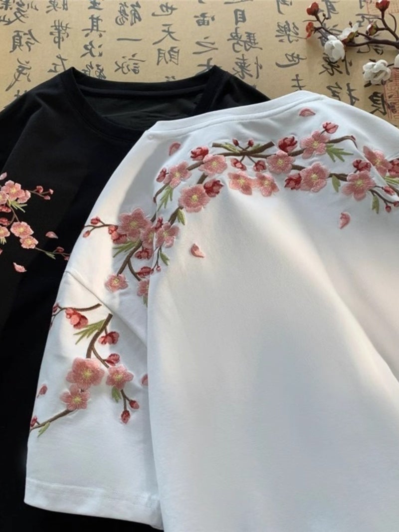New Chinese Style Embroidered Plum Flower Short-Sleeved T-Shirt For Men And Women High-End Sense Trendy Brand Pure Cotton Heavy Half-Sleeved T-Shirt - Image 3